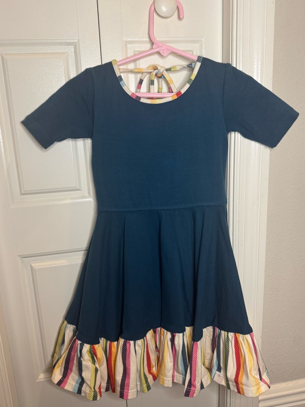 Omi Jo Girls Navy Blue Short Sleeve Dress with Multicolor Ruffle